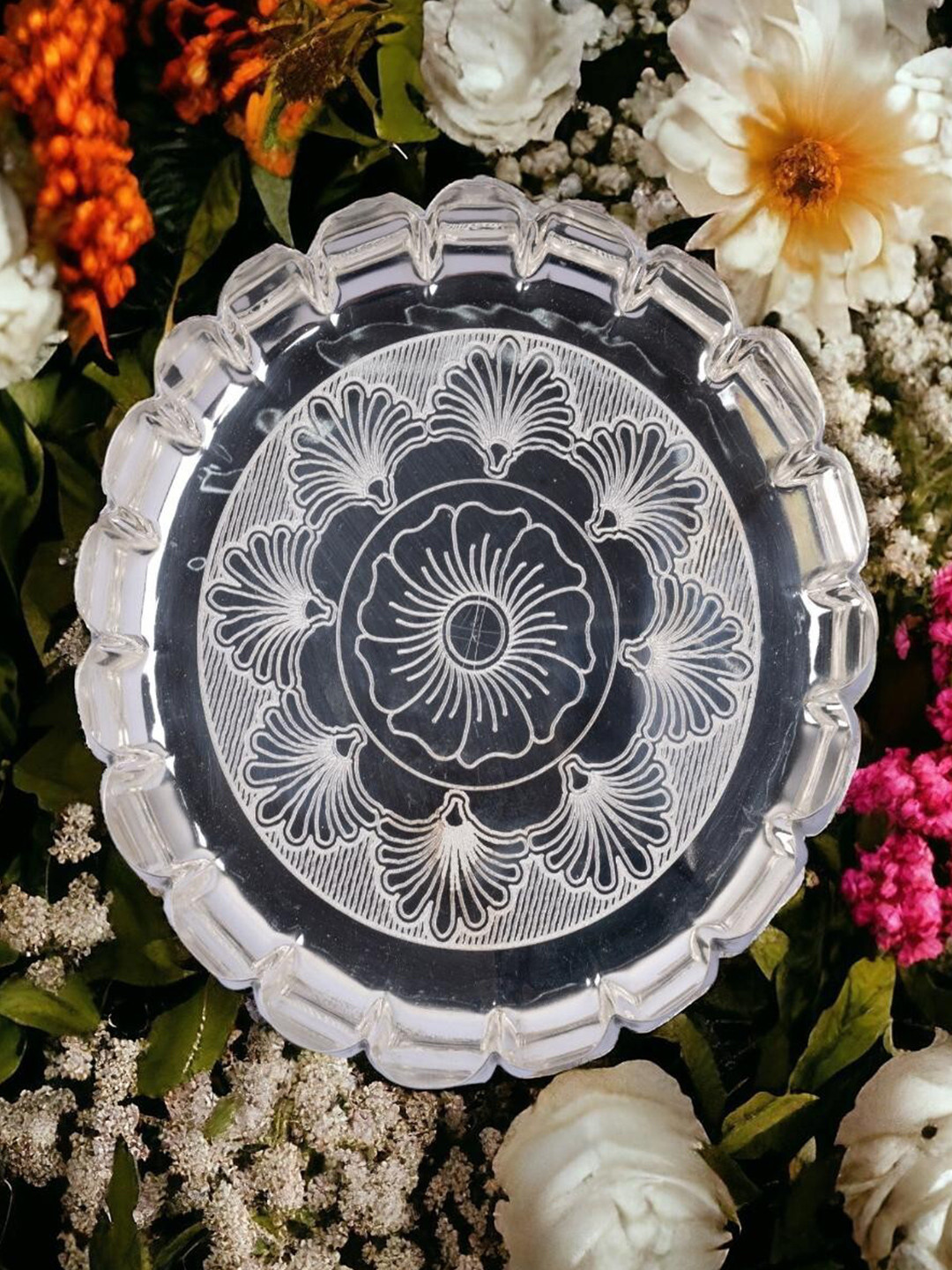 Sigaram Silver Toned Floral Designed Pooja Thali