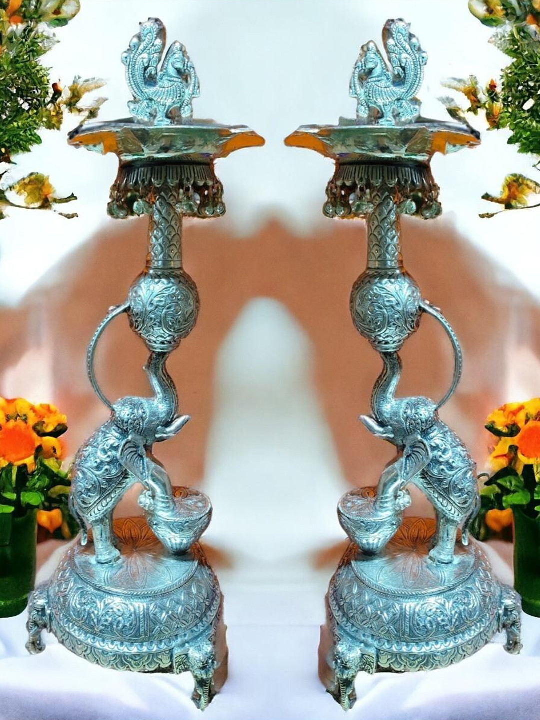 Sigaram Silver Toned 2 Pieces Elephant Diya