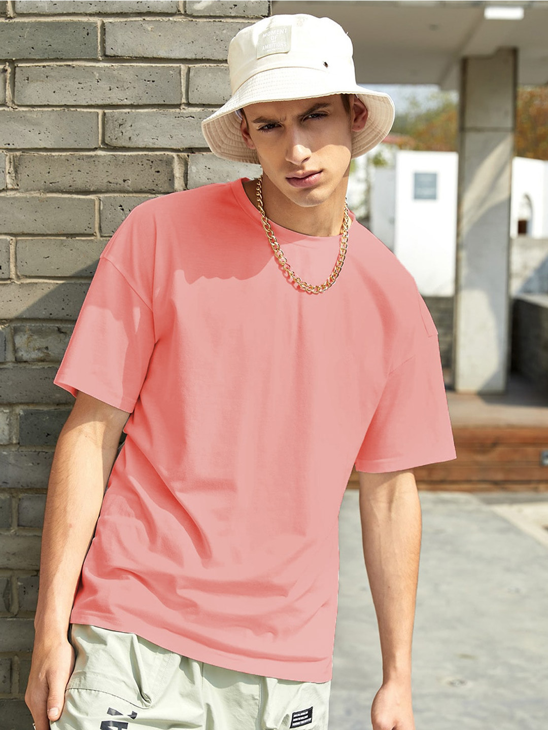 Kotty Pink Drop-Shoulder Sleeves Oversized Cotton Casual T-Shirt