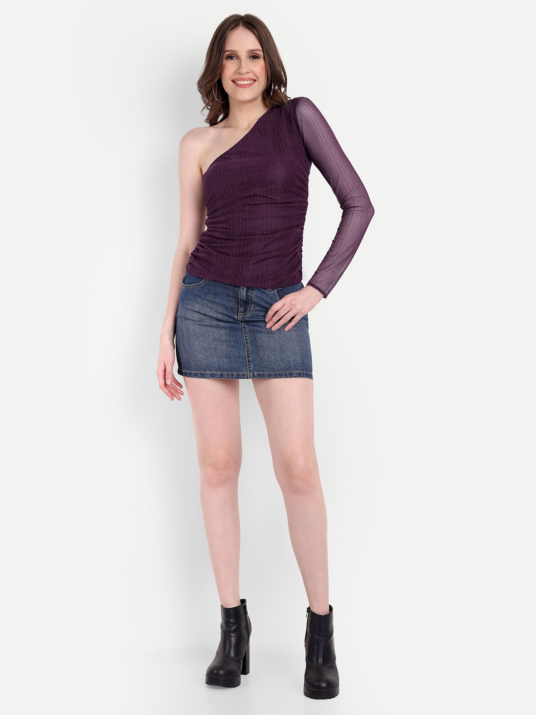 DRAPE AND DAZZLE Self Design Stretchable Shimmer One Shoulder Net Casual Top