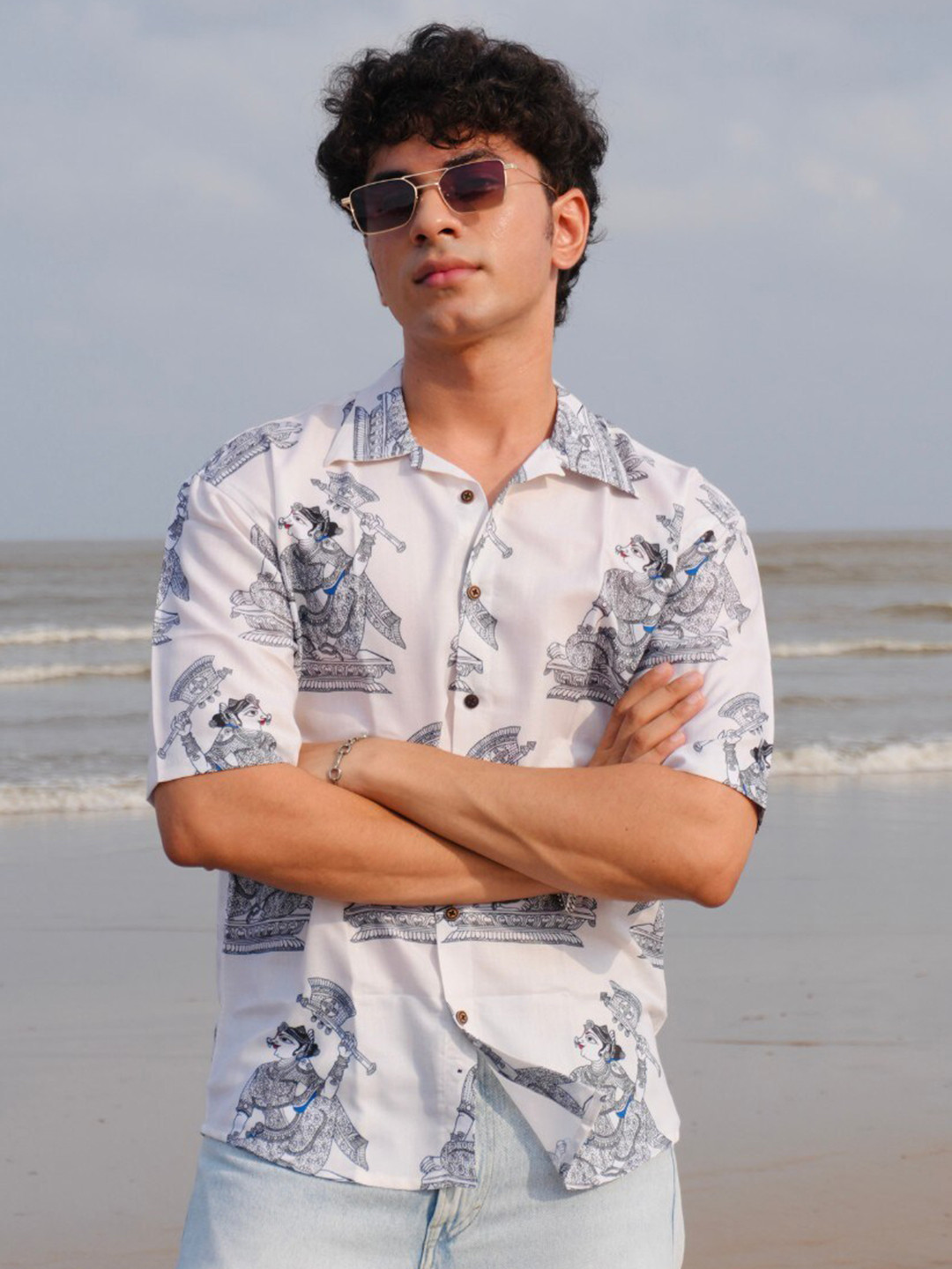 Firangi Yarn Modern Conversational Printed Cuban Collar Linen Oversized Casual Shirt