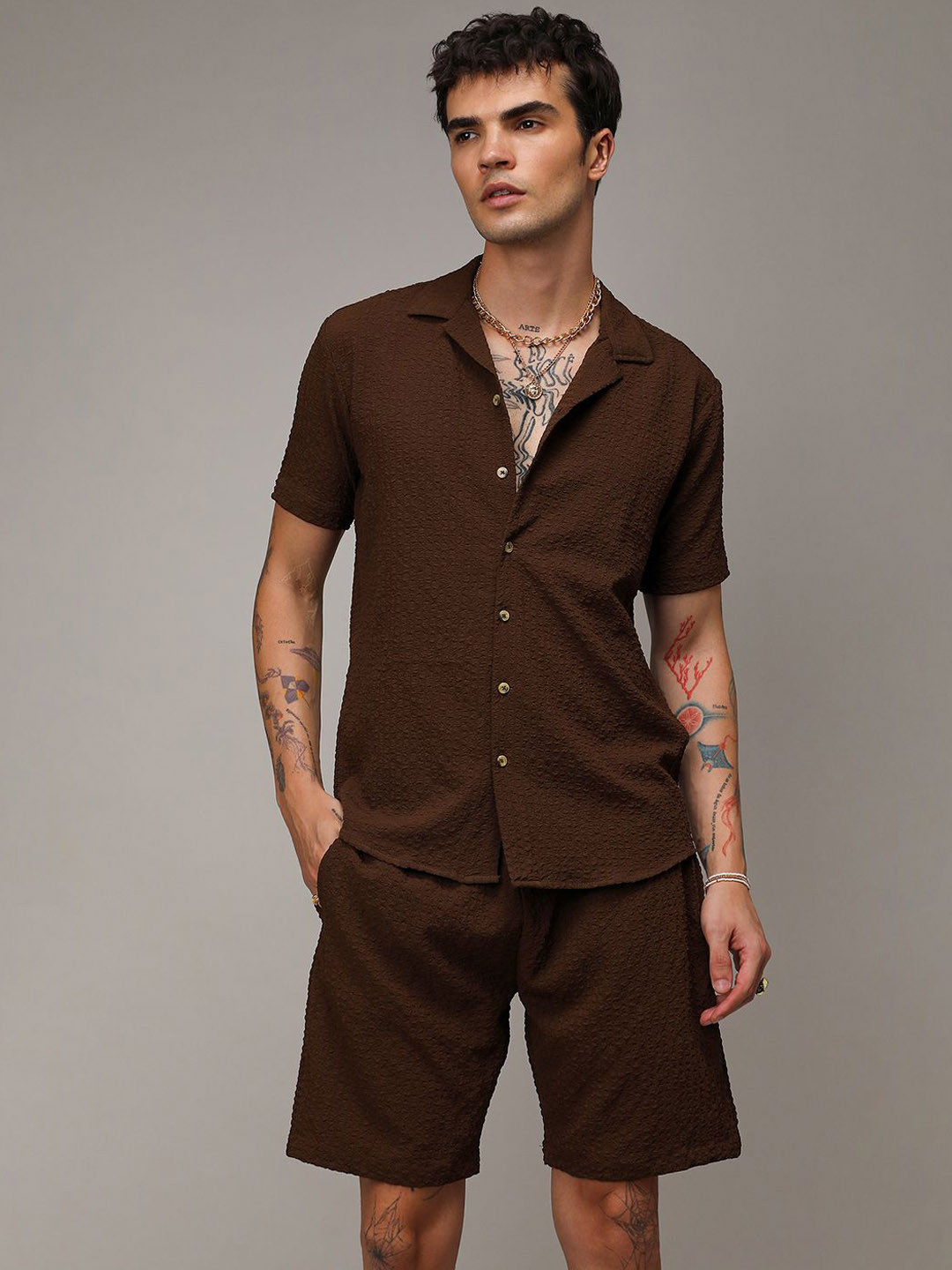 Campus Sutra Chocolate Brown Short Sleeves Textured Shirt & Shorts