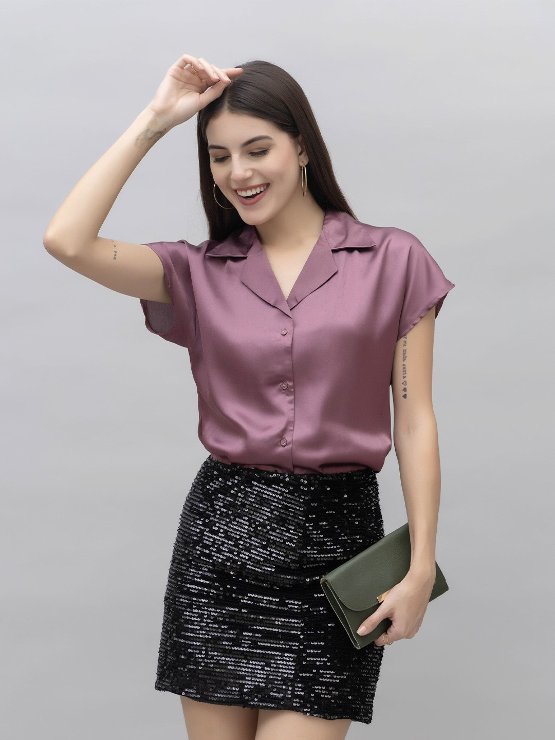 PURYS Spread Collar Extended Sleeves Standard Satin Casual Shirt