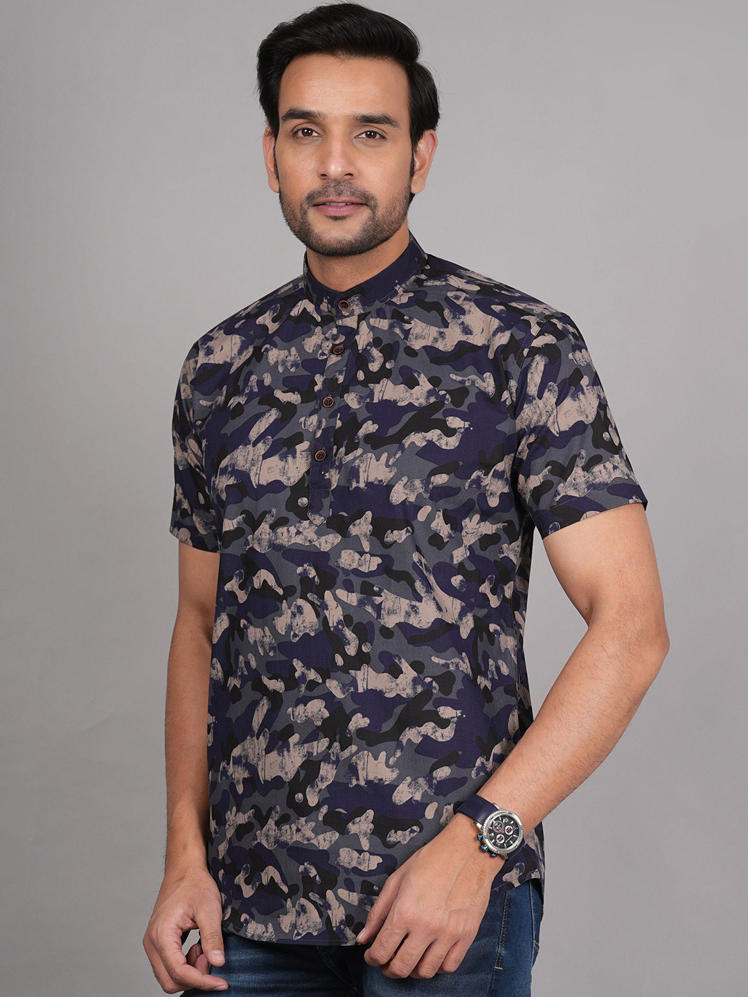 LOUIS MONARCH Abstract Printed Slim Fit Cotton Short Kurta