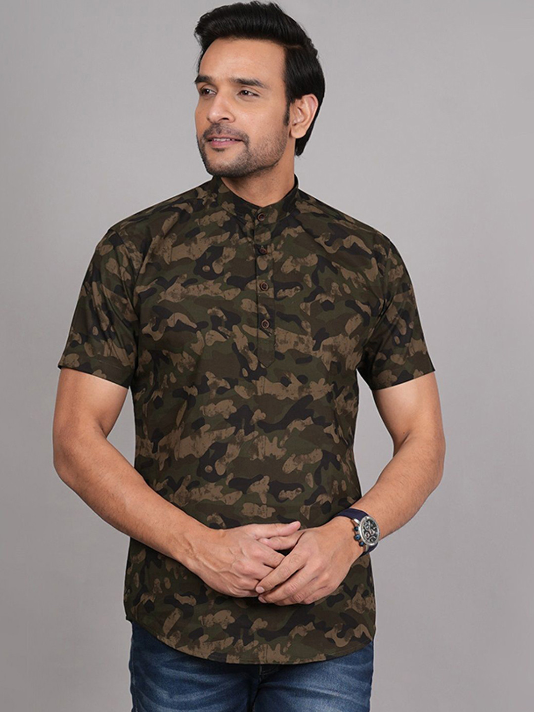 LOUIS MONARCH Abstract Printed Mandarin Collar Cotton A-Line Short Kurta