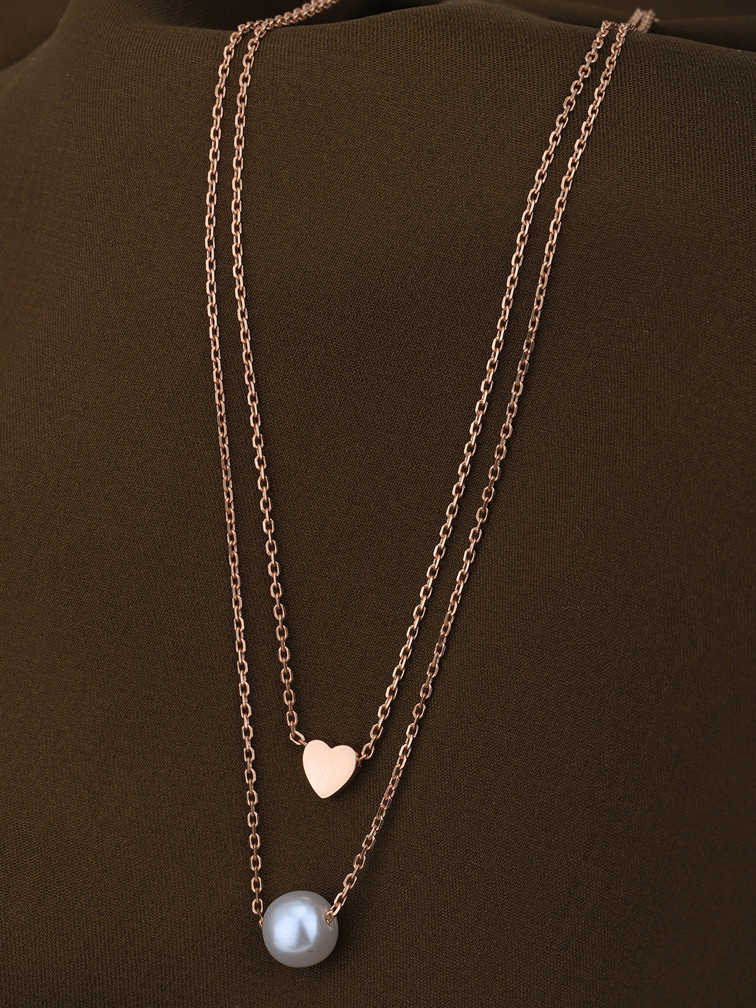 Carlton London 18kt Rose Gold Plated with Heart & Pearl Double Chain Necklace