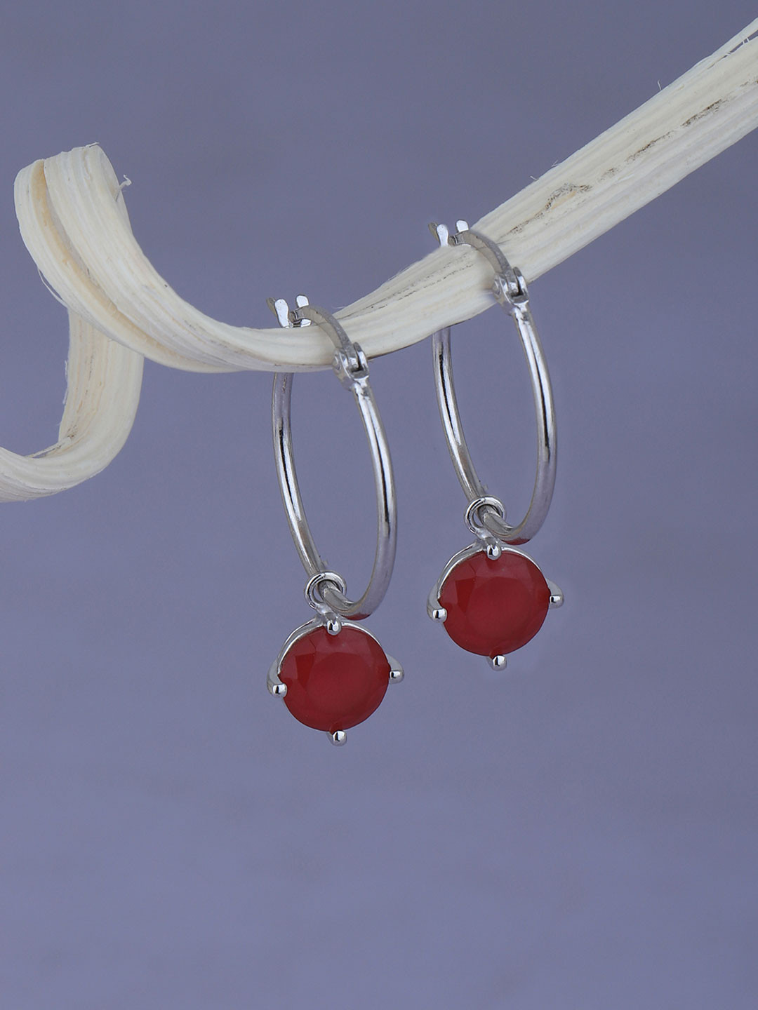Carlton London Rhodium Plated with Red Ruby Hoop Earring
