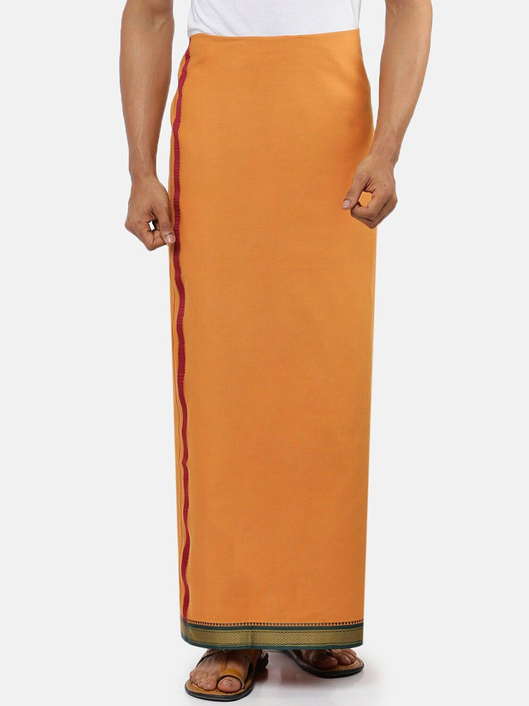 Ramraj Men Cotton Kavi Solid Devotional Mayilkhan Border Single Layer Dhoti