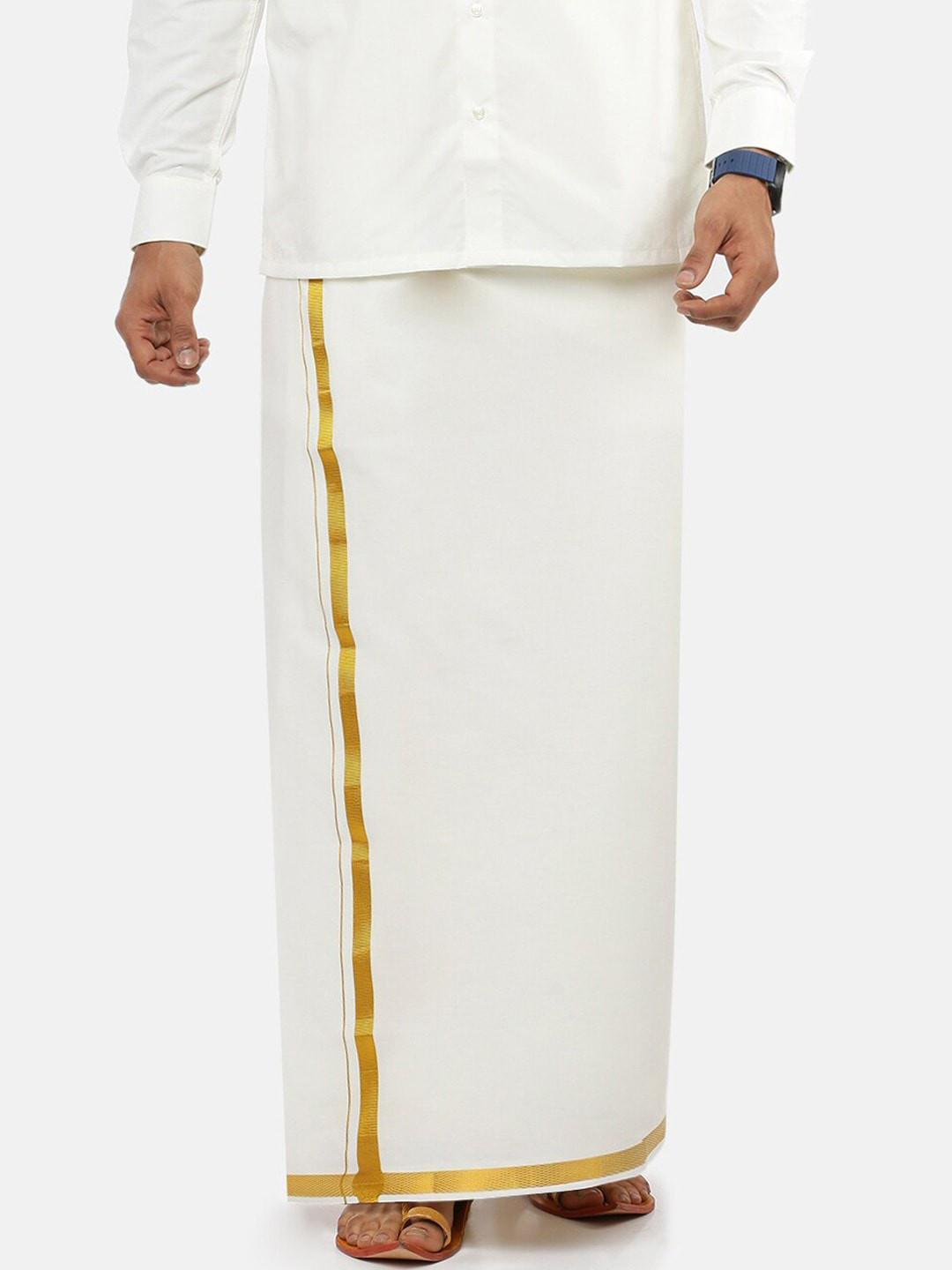 Ramraj Men Pure Cotton Single Layer Off White Dhoti with Gold Toned Border