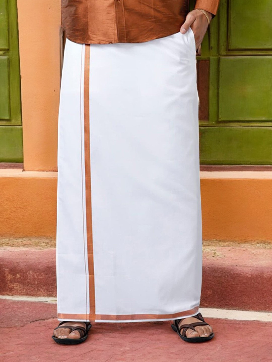 Ramraj Genxt Men Cotton Solid Copper jari Border Readymade Pocket Dhoti