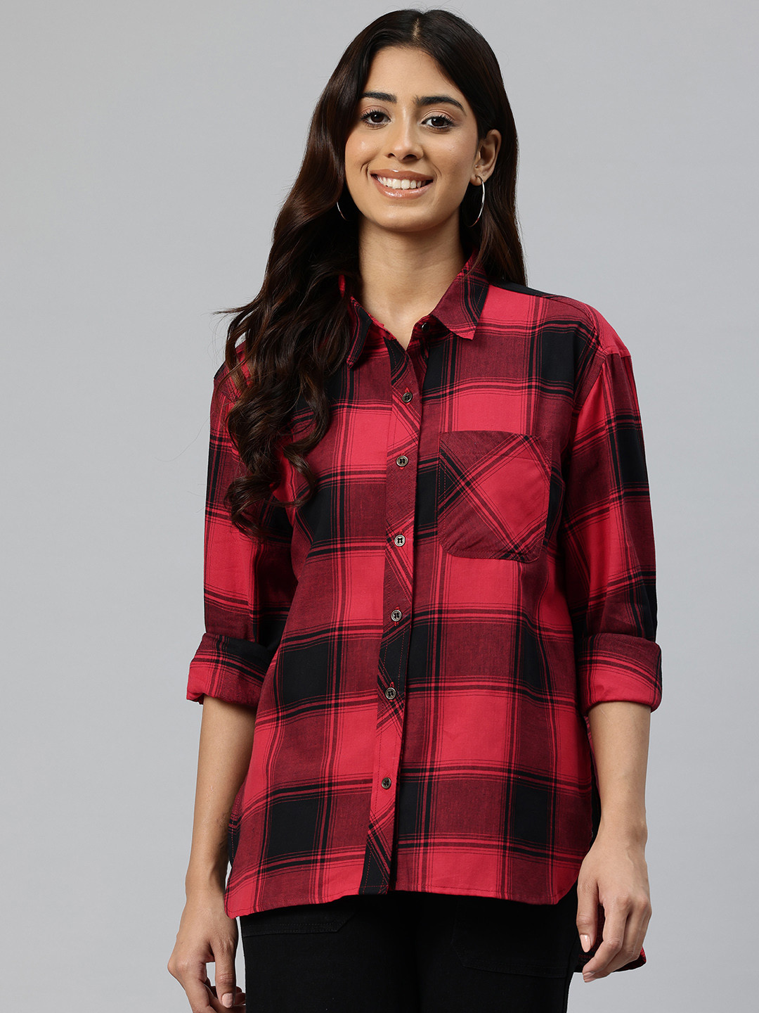 One Femme Comfort Tartan Checked Relaxed Fit Casual Shirt