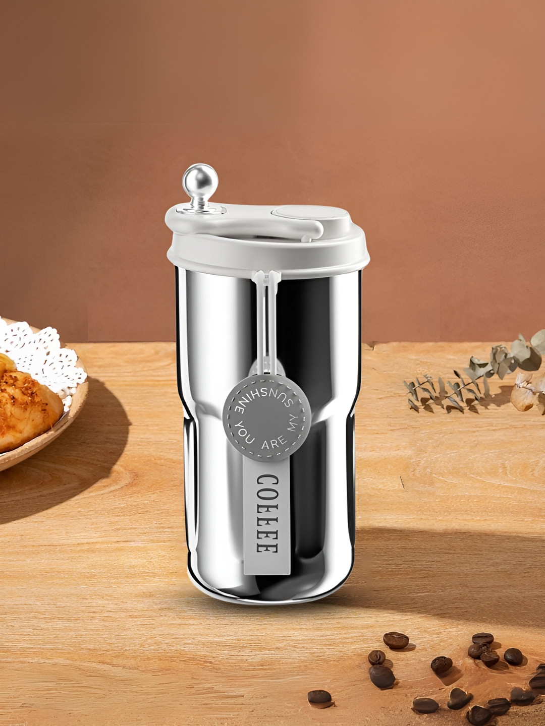 UniKart Silver-Toned Stainless Steel Glossy Coffee Tumbler 420 ml