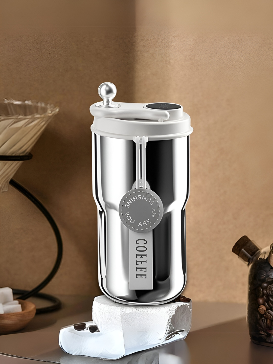 UniKart Silver-Toned Stainless Steel Glossy Coffee Tumbler 420 ml