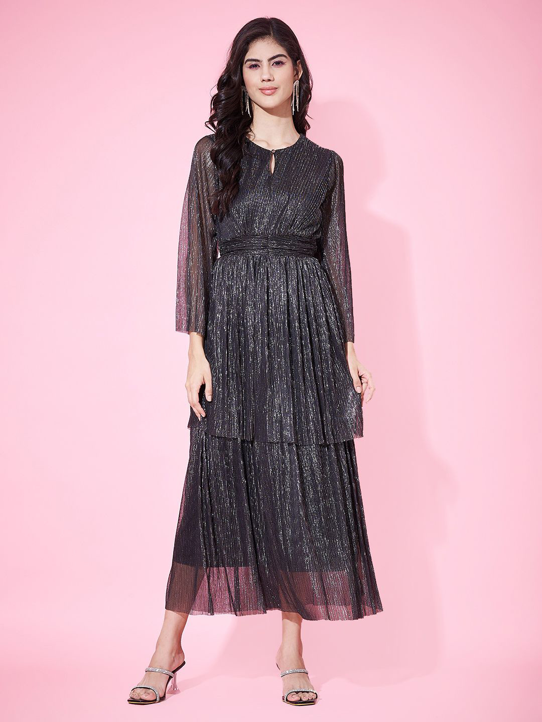 Justin Whyte Women Sequined Keyhole Neck Chiffon Fit and Flare Dress