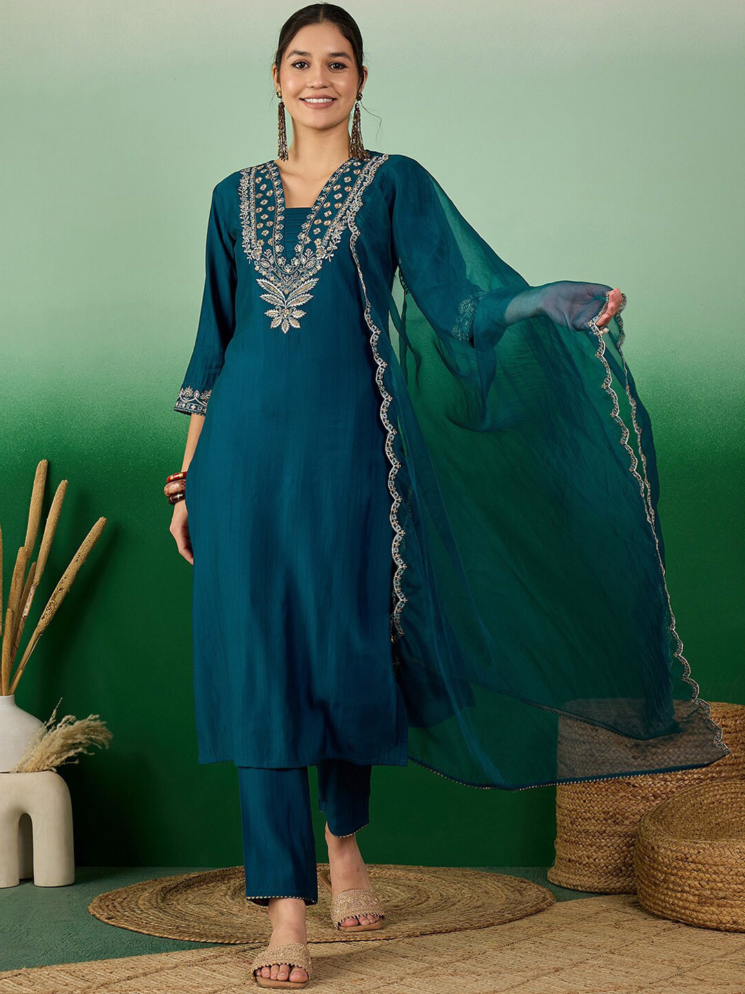 Sangria Teal Green Floral Embroidered V-Neck Straight Kurta With Trouser & Dupatta