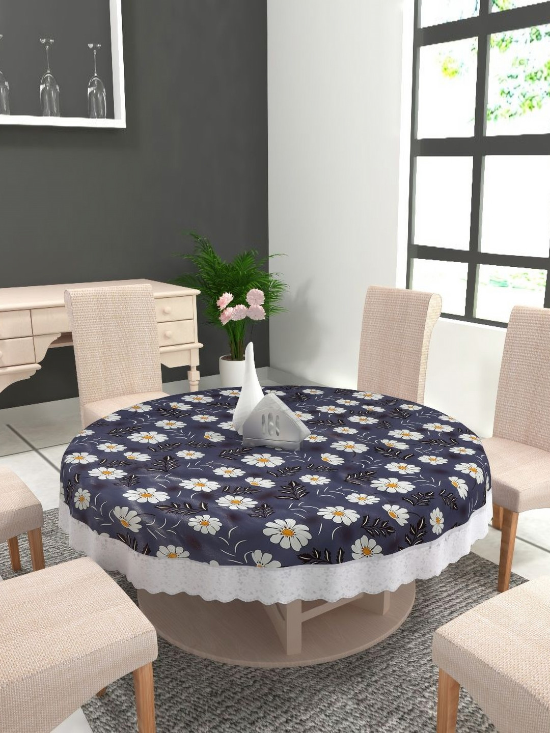 MONKDECOR Blue Floral Round 6-Seater Table Cover