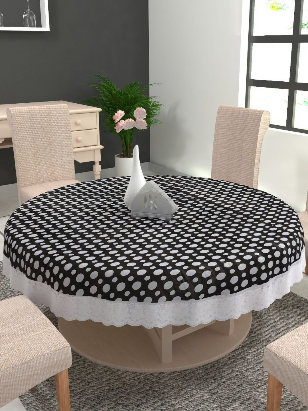 MONKDECOR Black Printed Plastic Round 4-Seater Table Cover