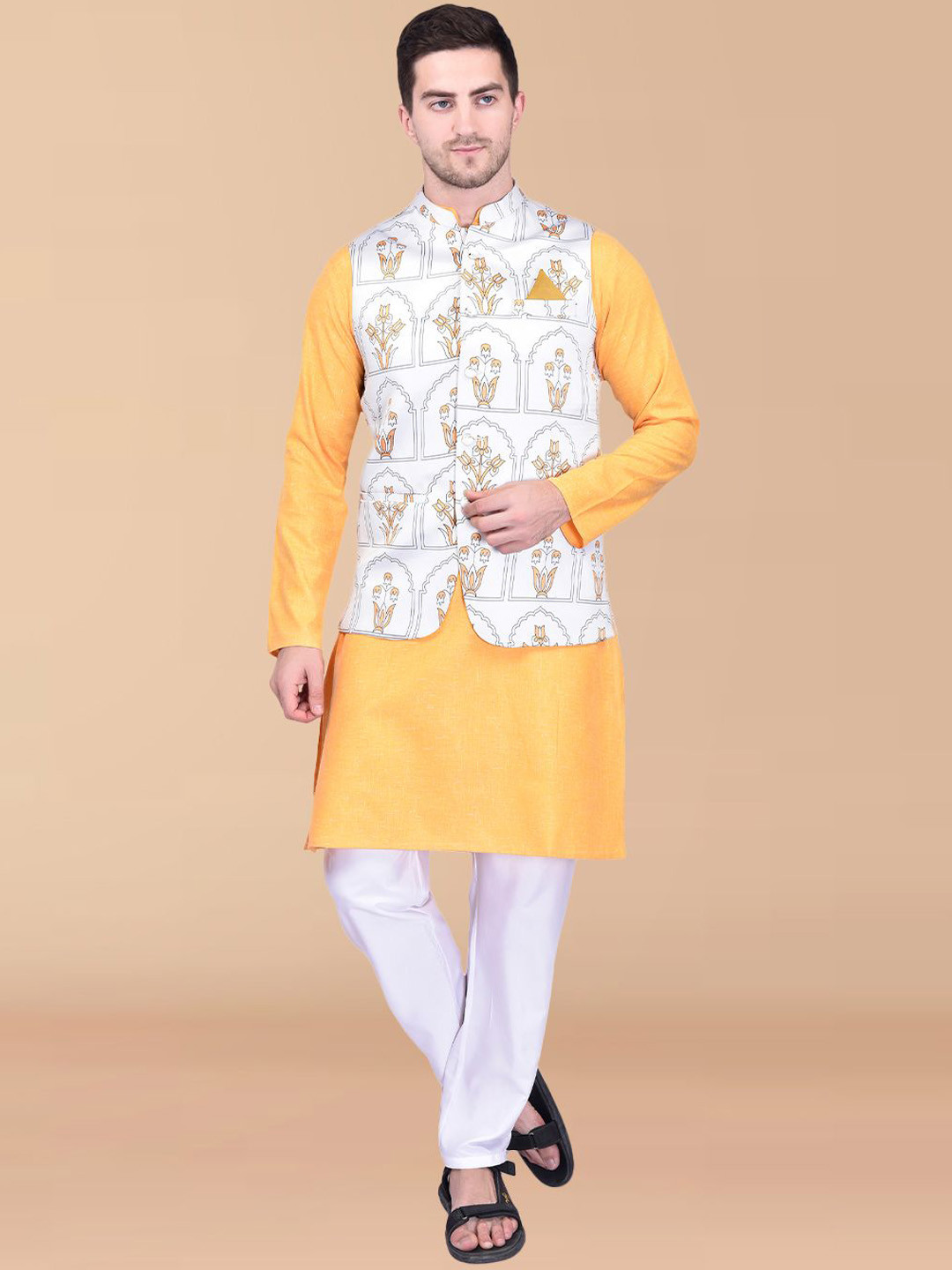 PRINTCULTR Mandarin Collar Pure Cotton Straight Kurta With Trouser Printed Nehru Jacket