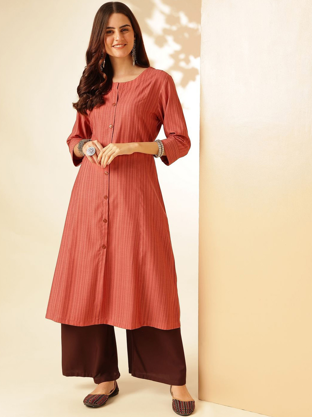 Anouk Peach Striped Dobby A-Line Kurta