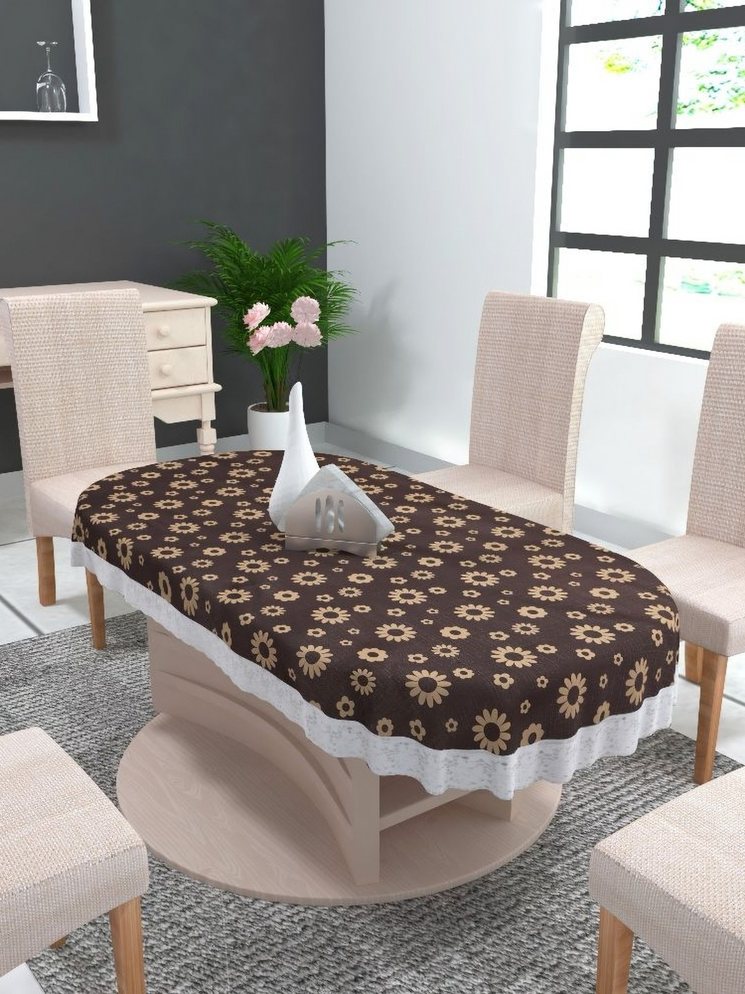 MONKDECOR Brown Floral Oval 8-Seater Table Cover