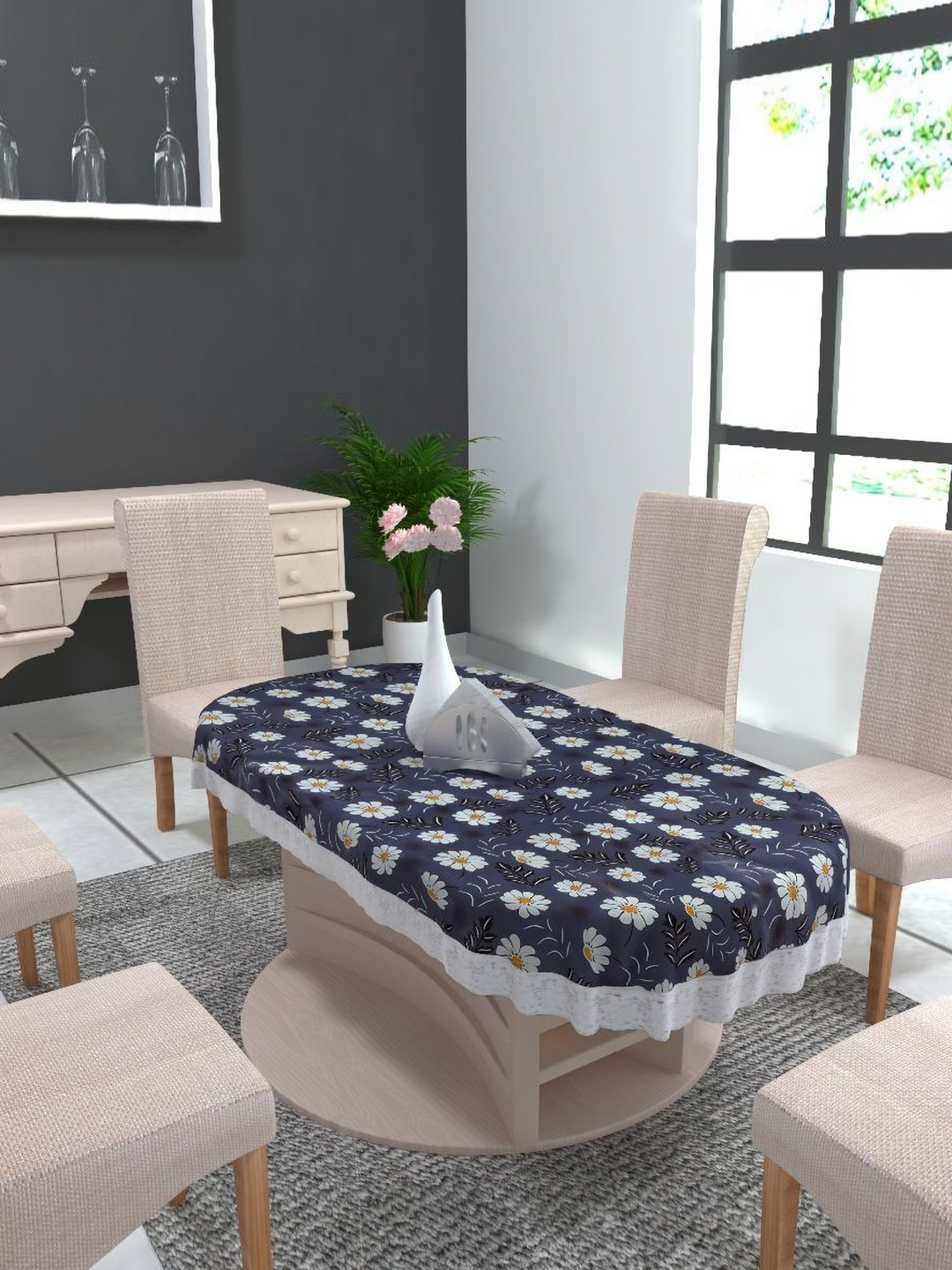 MONKDECOR Blue Floral Oval 8-Seater Table Cover