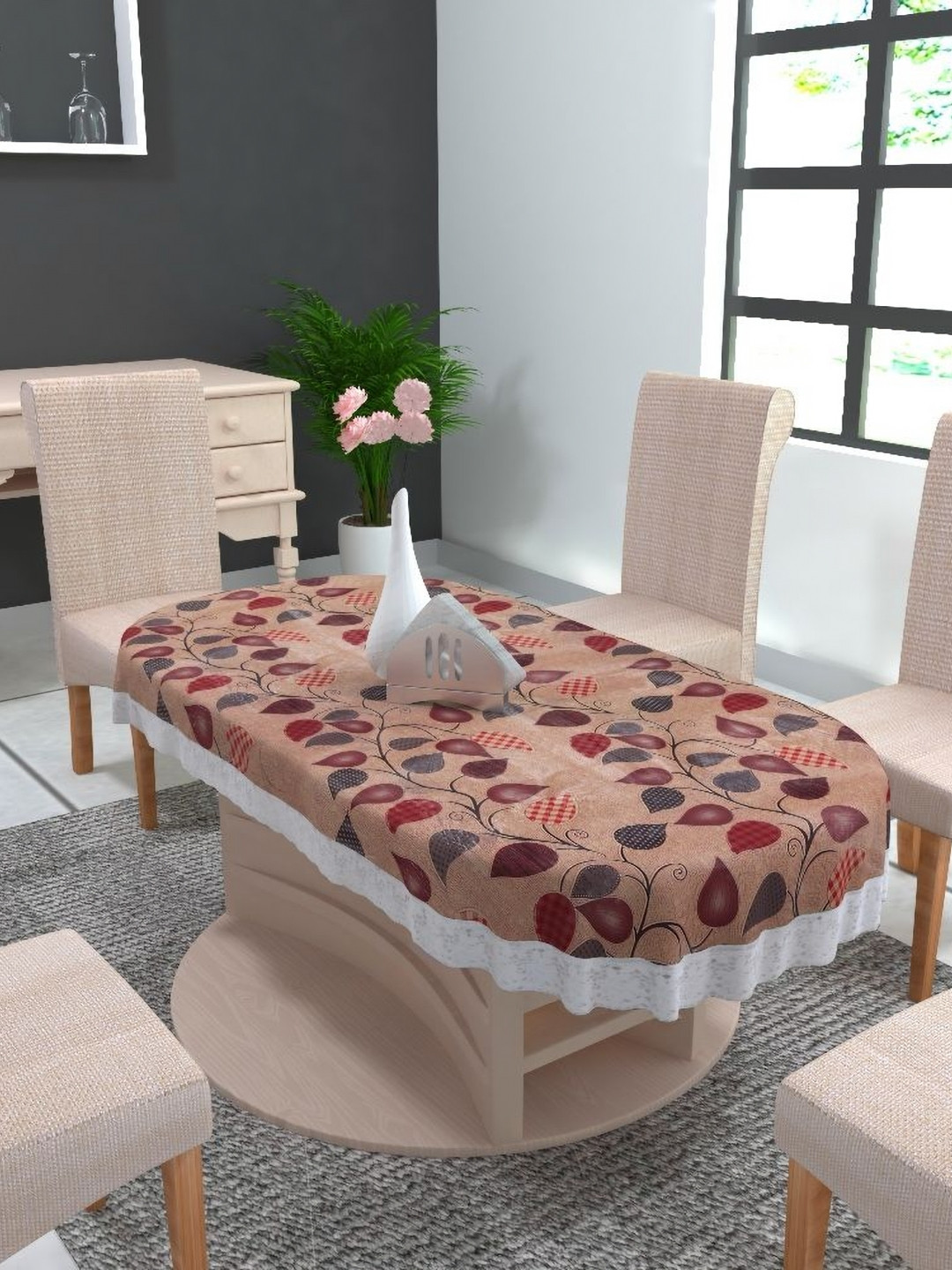 MONKDECOR Peach-Coloured Floral Oval 6-Seater Table Cover