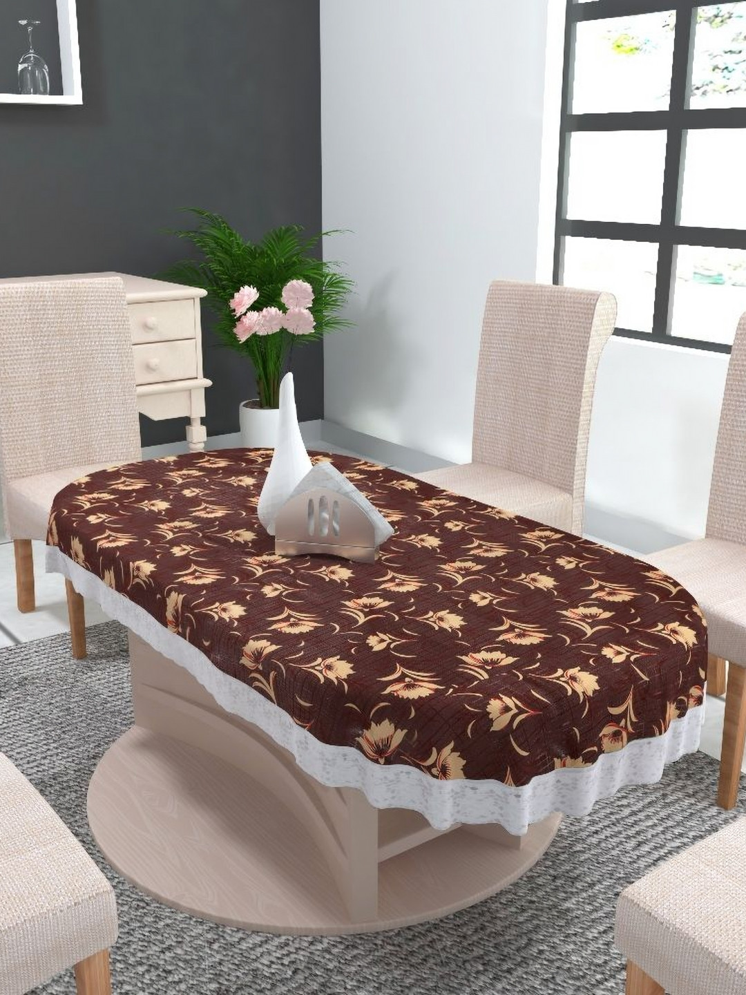 MONKDECOR Brown Floral Oval 8-Seater Table Cover