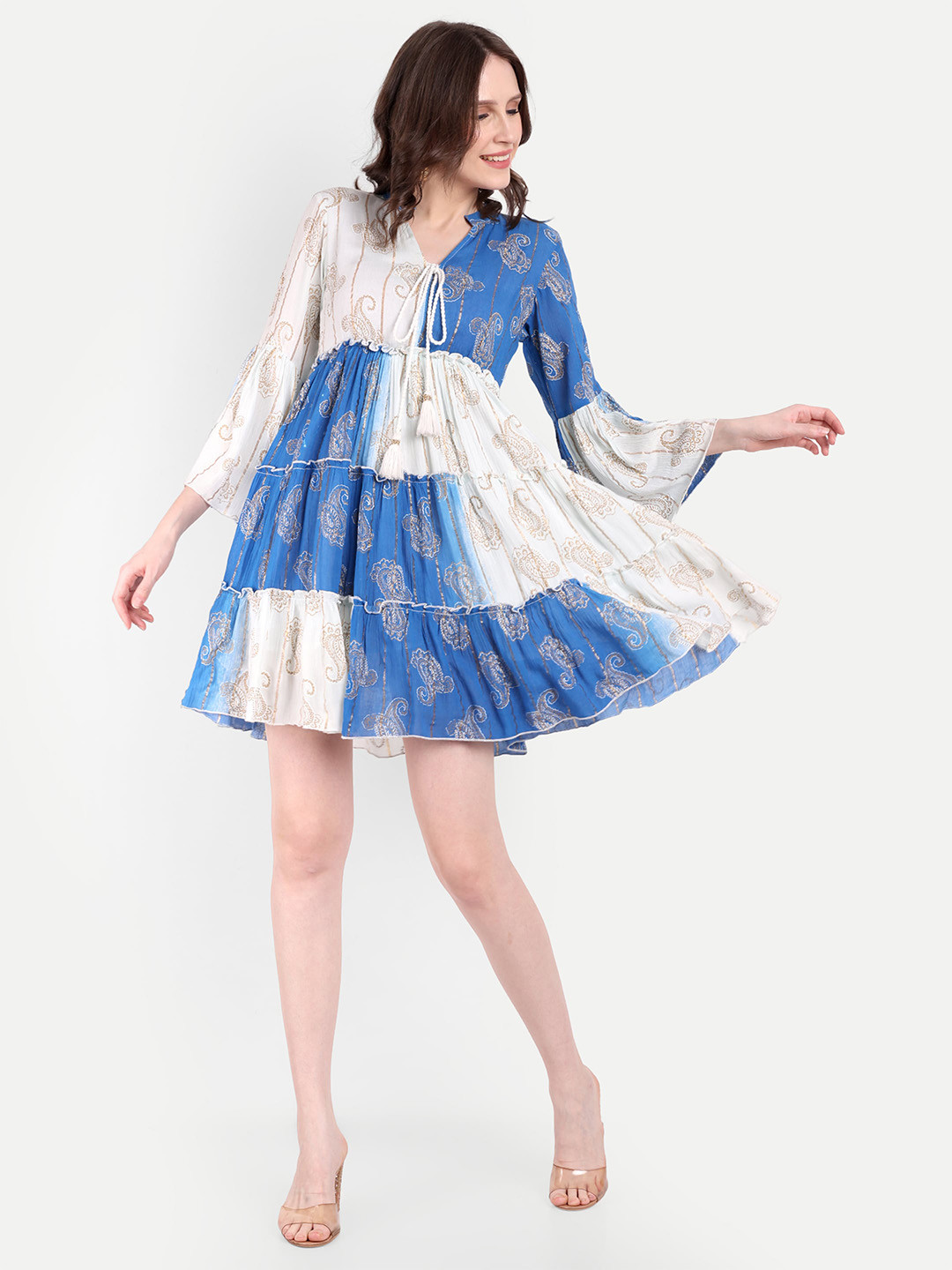 DRAPE AND DAZZLE Tie And Dye Bell Sleeve Crepe A-Line Mini Dress