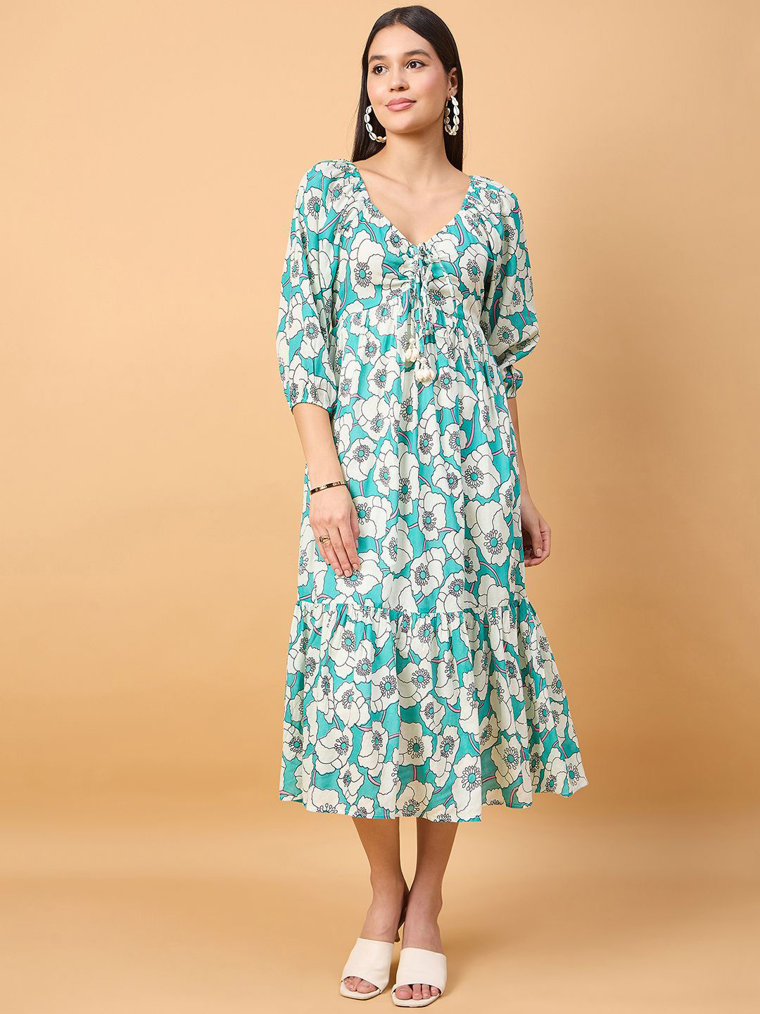 DRAPE AND DAZZLE Floral Printed Cotton A-Line Midi Dress