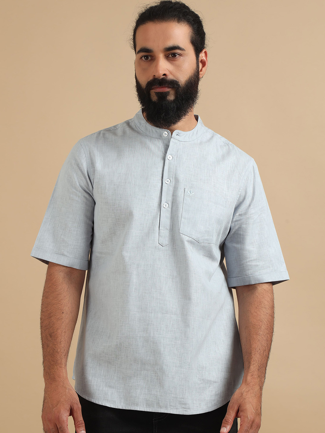 FILORI STUDIO Mandarin Collar Thread Work Curved Straight Cotton Short Kurta
