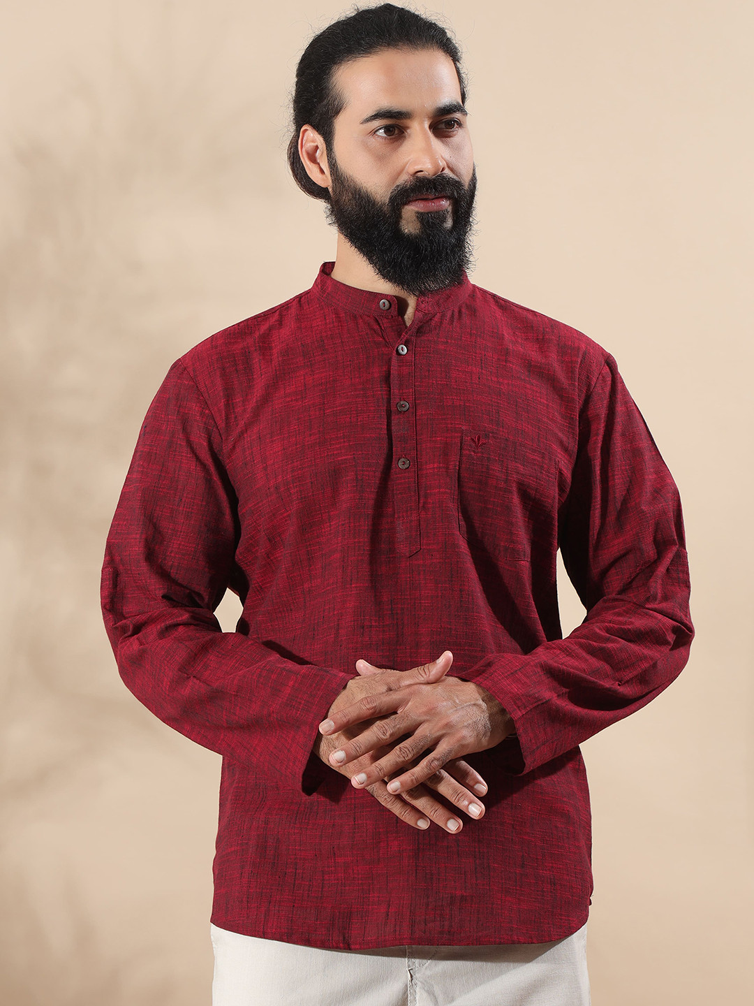 FILORI STUDIO Mandarin Collar Thread Work Curved Straight Cotton Short Kurta