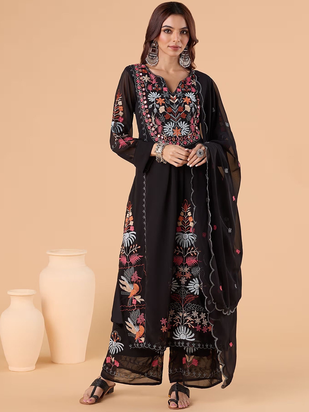 KALINI Floral Embroidered Regular Thread Work Straight Kurta With Palazzos & Dupatta - Kurta Sets for Women 29776852 | Myntra