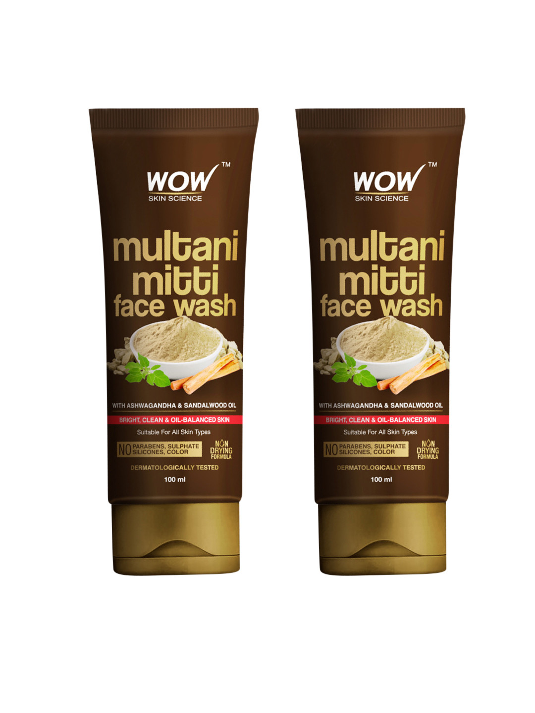 WOW SKIN SCIENCE Set of 2 Purifying Multani Mitti Face Wash with Ashwagandha - 100ml each