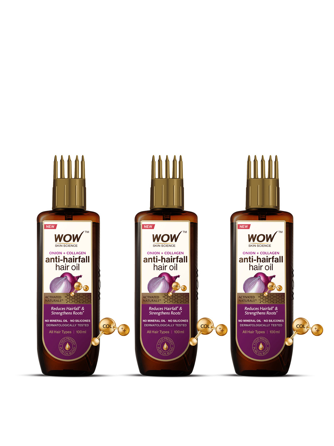 WOW SKIN SCIENCE 3Pcs Onion + Collagen Anti-Hairfall Oil With Comb Applicator - 100ml Each
