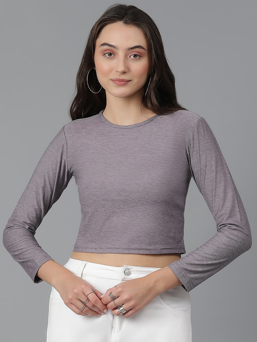 KOTTY Basics Brown Long Sleeves Crop Slim Fit Cotton Casual T-shirt
