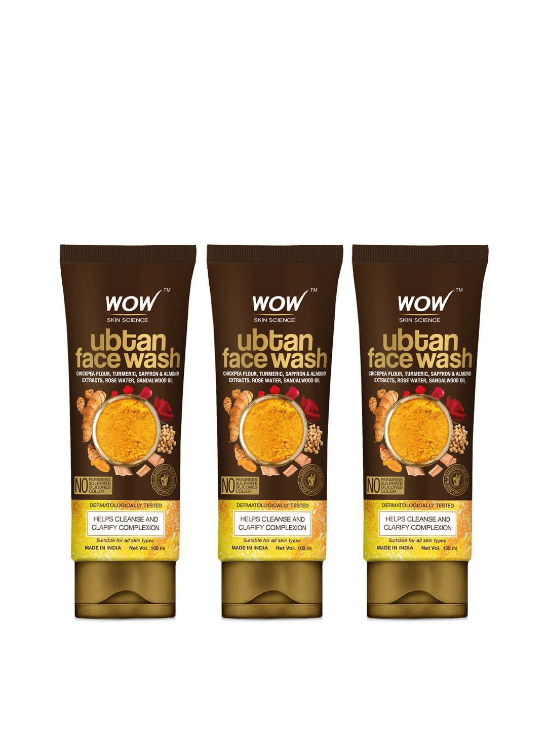 WOW SKIN SCIENCE Set Of 3 Ubtan Glowing Face Wash With Turmeric & Saffron - 100ml Each