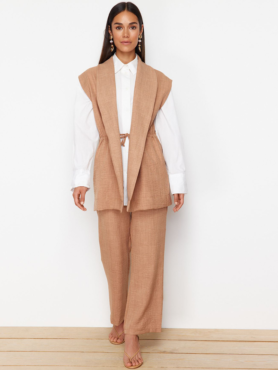 Trendyol Self Design Collar Shirt & Trousers With Shrug  Co-Ords