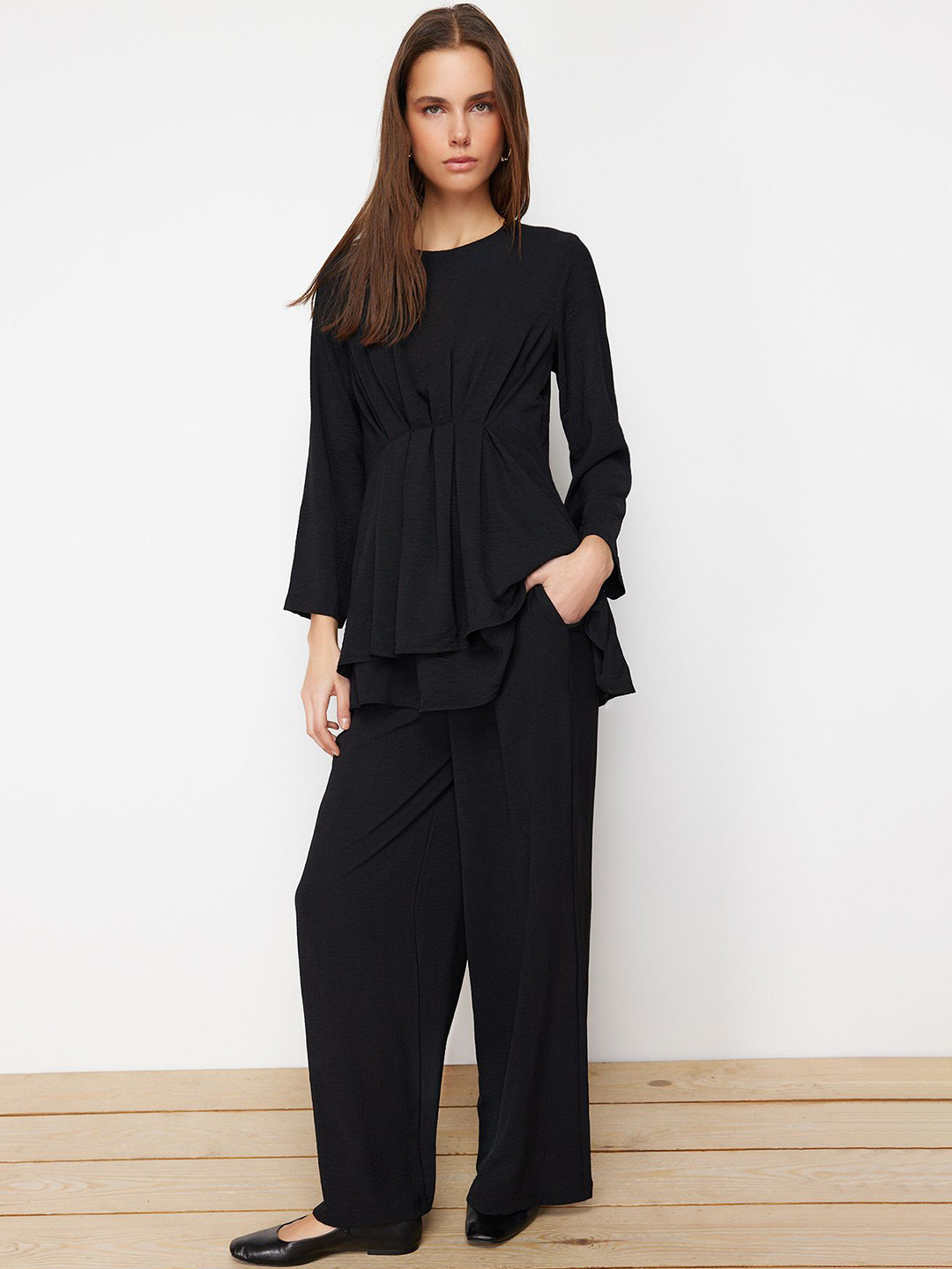 Trendyol Round Neck Pleated Detailed Layered Casual Top With Palazzos