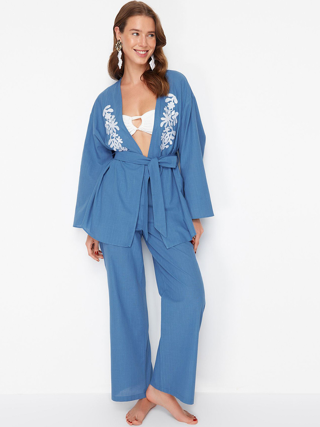 Trendyol Floral Embroidered V-Neck Pure Cotton Swimwear Cover Up Set