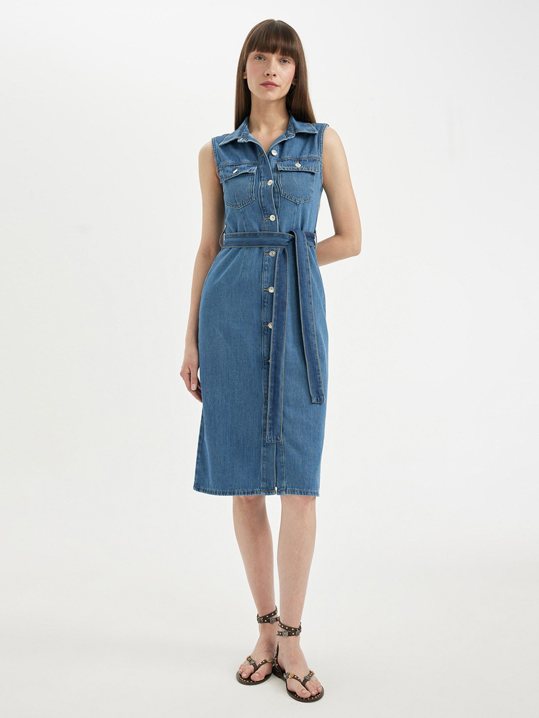 DeFacto Shirt Collar Belted Pure Cotton Shirt Dress