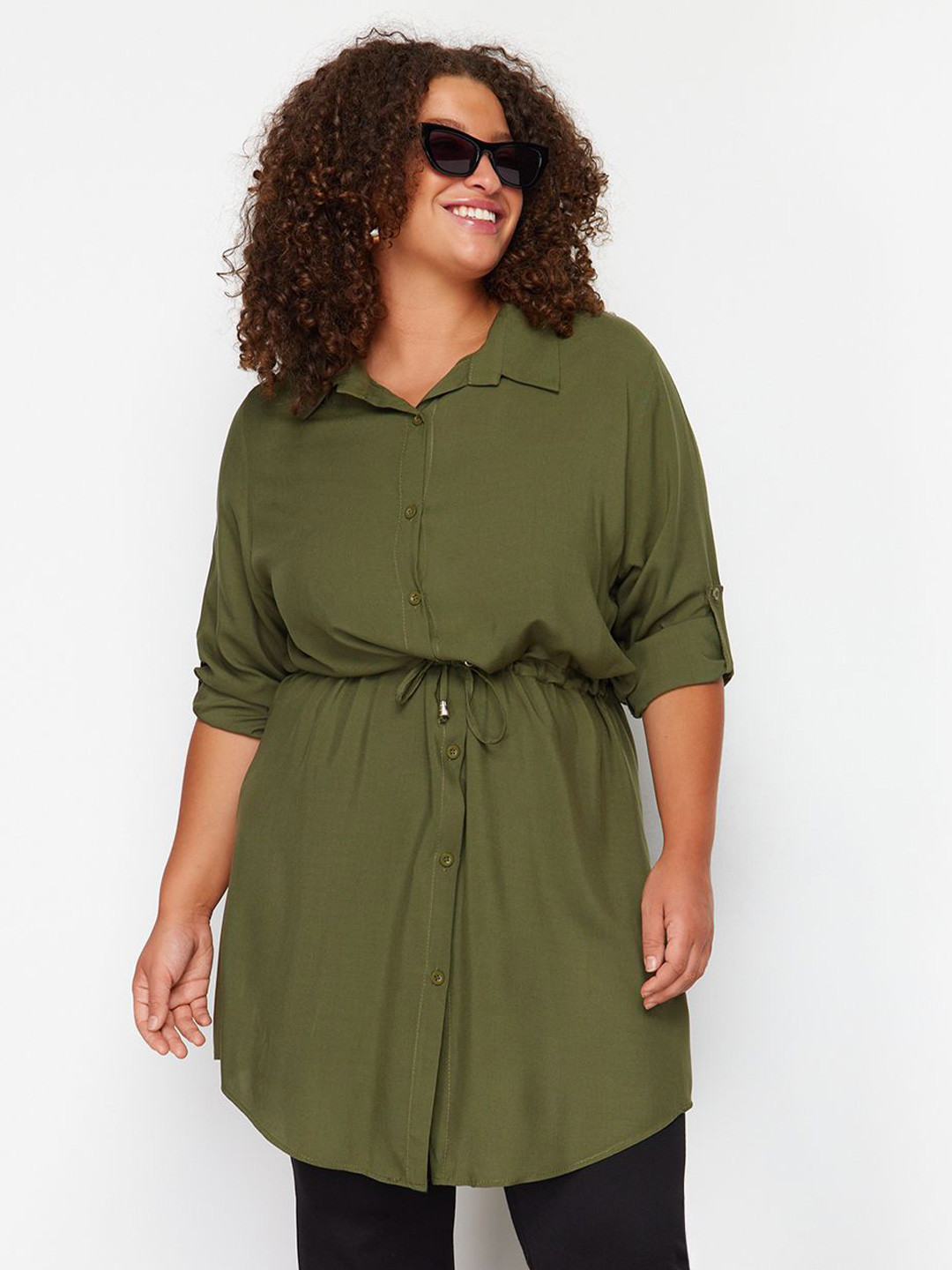 Trendyol Plus Size Shirt Collar Roll Up Sleeves Casual Tunic