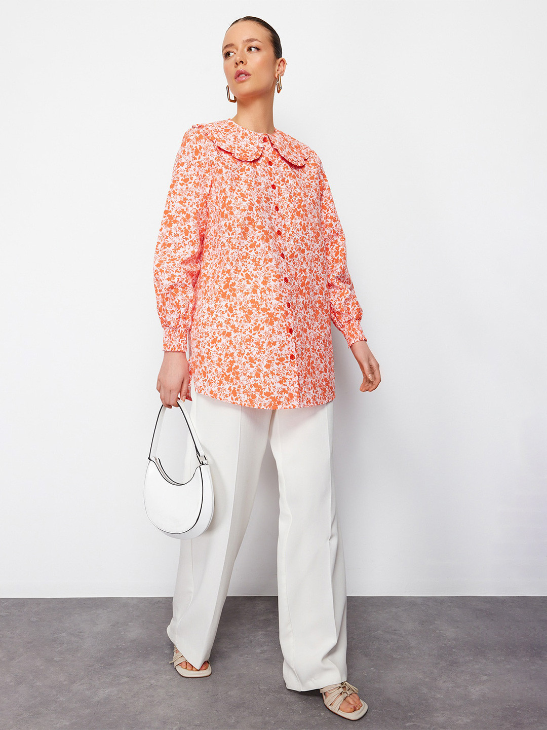 Trendyol Peter Pan Collar Floral Printed Regular Fit Cotton Casual Shirt