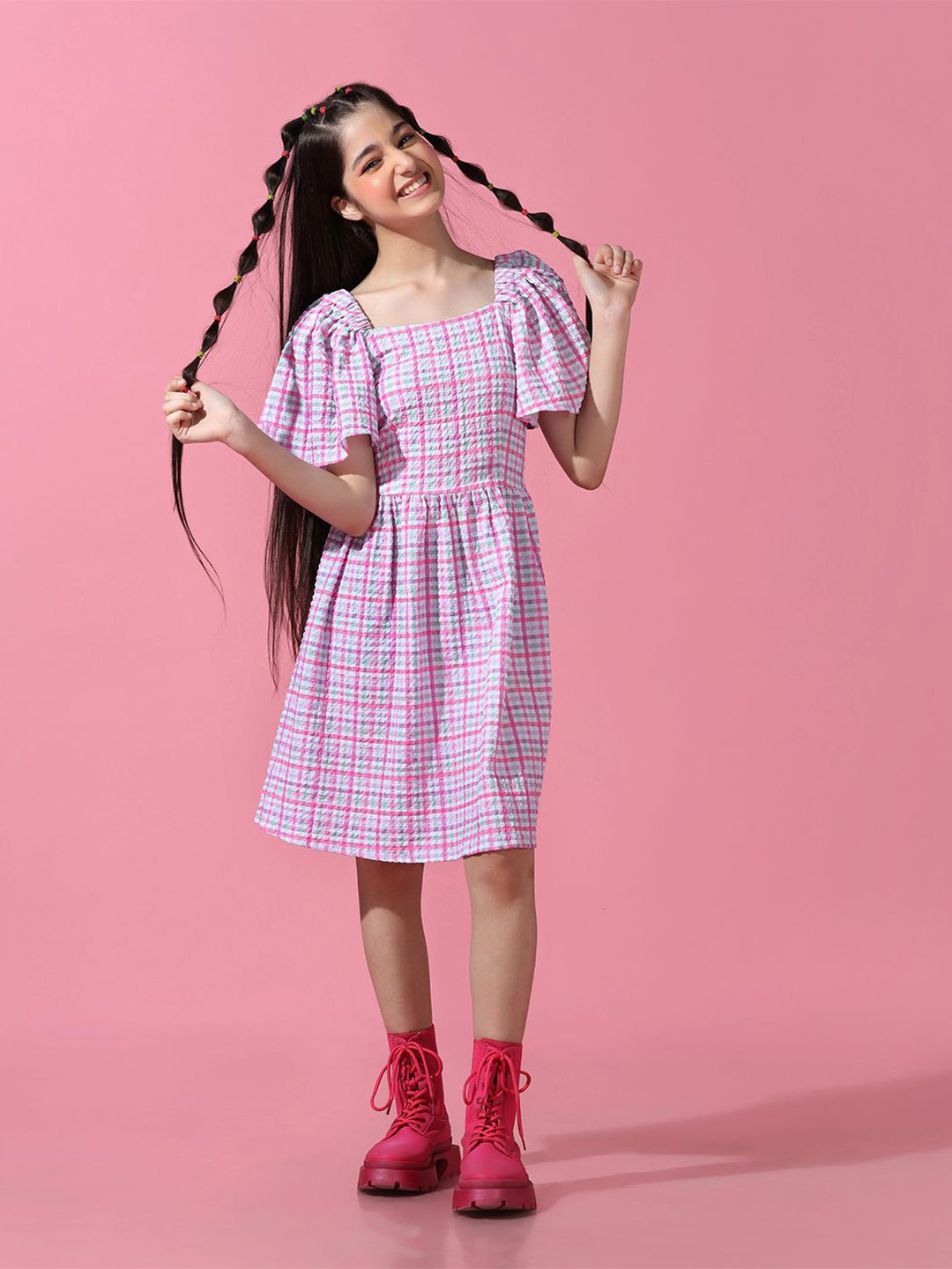 Cherry & Jerry Girls Checked Flared Sleeve Fit & Flare Dress