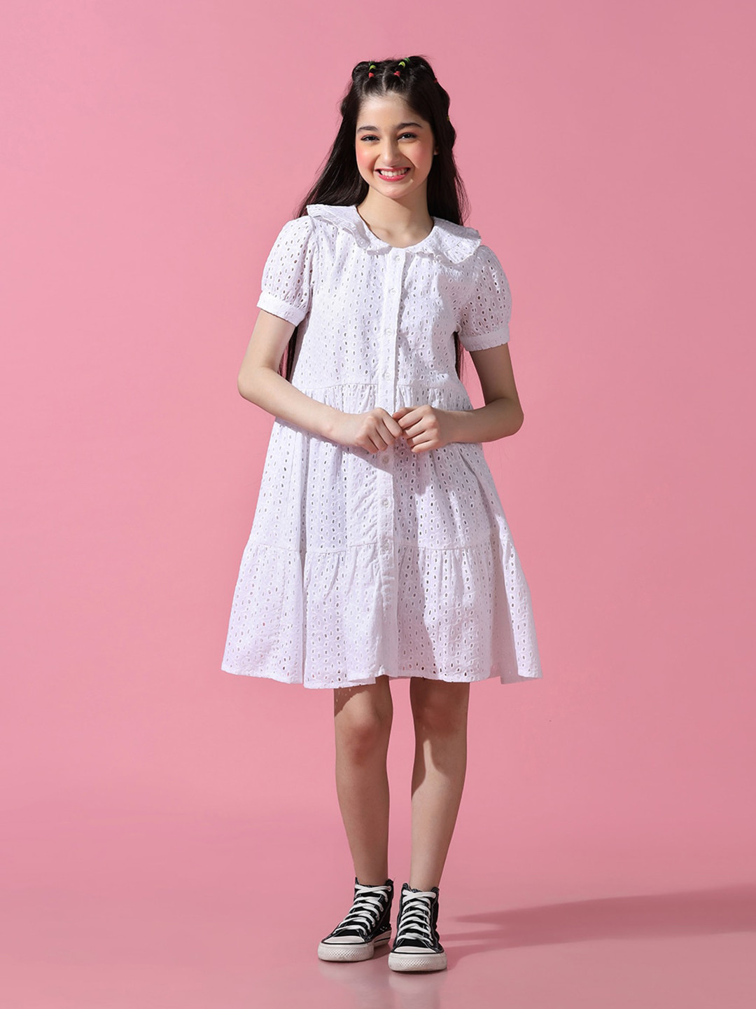 Cherry & Jerry Girls Schiffli Self Design Peter Pan Collar Cotton A-Line Dress