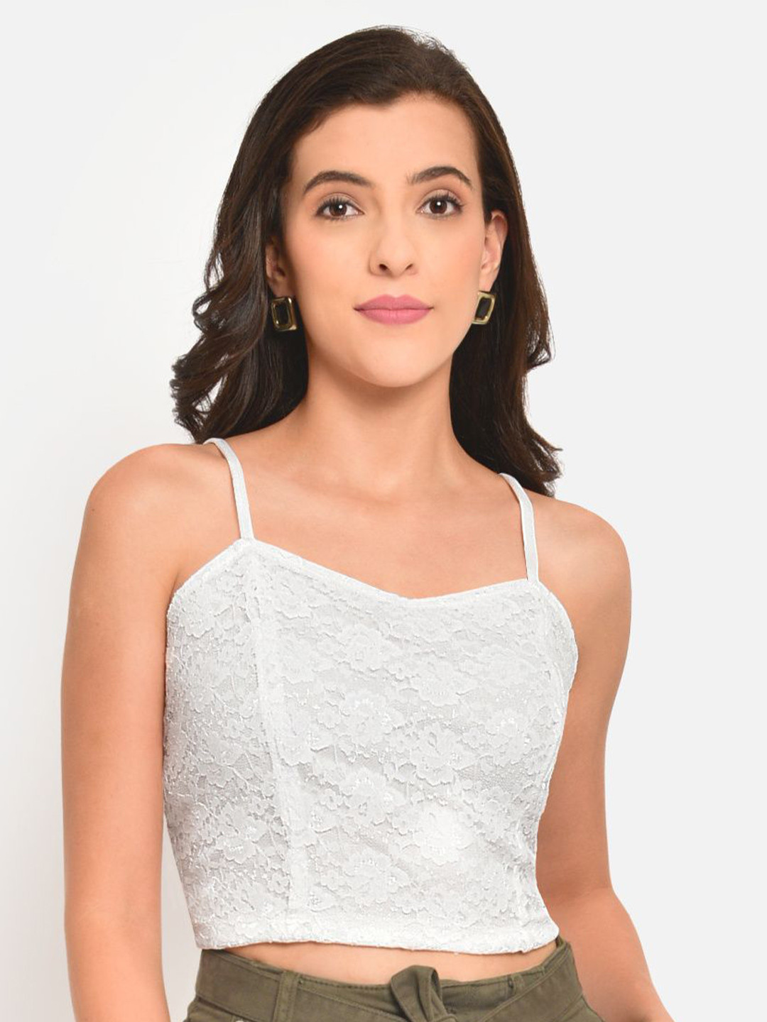 Martini Floral Self Design Shoulder Straps Fitted Cami Crop Top