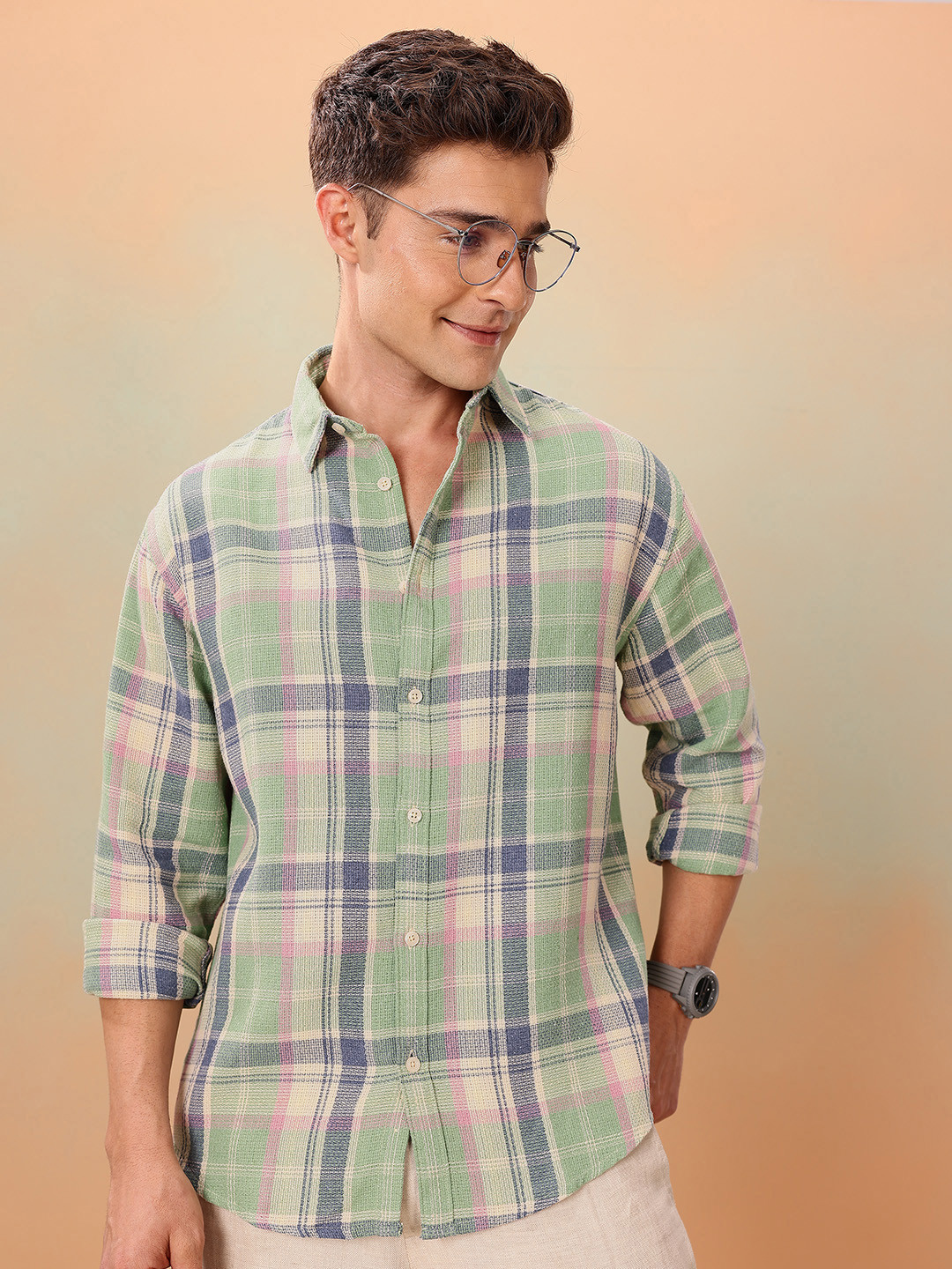 Mast & Harbour Textured Tartan Checks Opaque Checked Casual Shirt