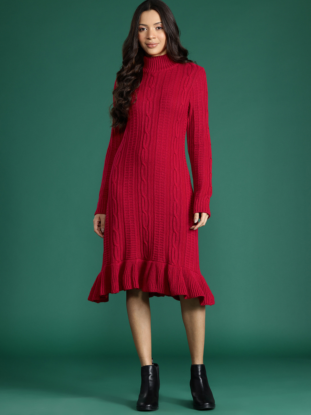 DressBerry Pure Acrylic Self-Design Knitted Midi Winter Dress