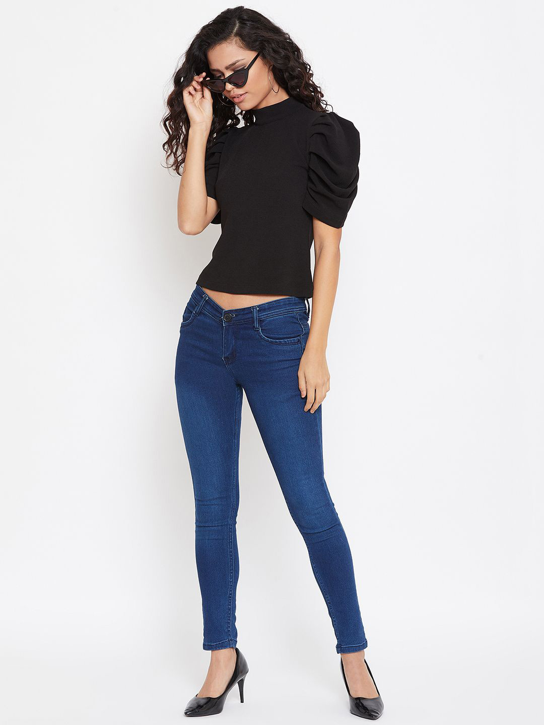 Zastraa Black High Neck Puffed Sleeves Fitted Crop Top