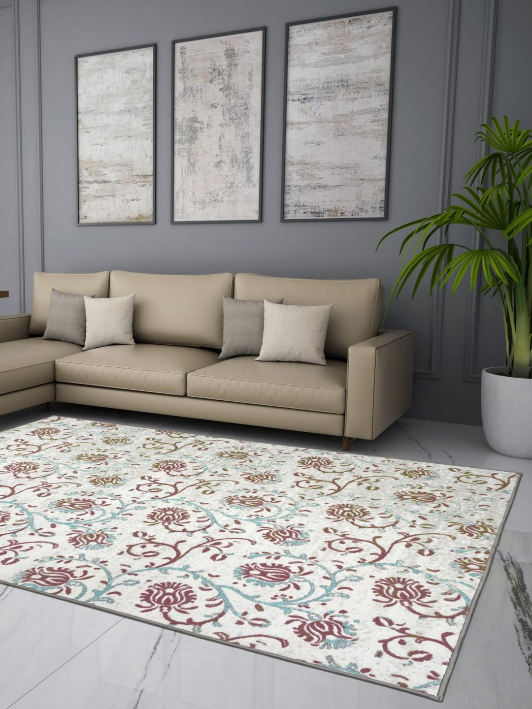 Welspun Beige Floral Printed Anti-Skid Carpet
