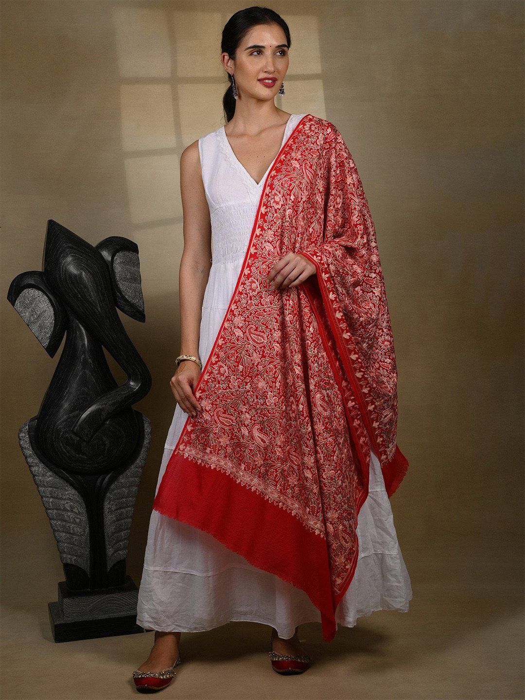 Exotic India Blood Red Pure Wool Flowers & Paisleys Aari Threadwork Kashmiri Stole